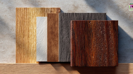 Display of diverse wood texture samples resting on a rustic surface, highlighting rich finishes and natural colors for interior design projects.の素材