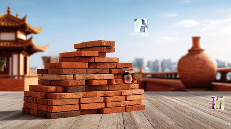 A stack of red bricks is prominently displayed on a wooden surface, set against an urban skyline and traditional architecture, combining modern and historic elements.の素材