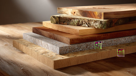 This image features a layered arrangement of different wooden boards, showcasing unique grains and textures, perfect for design and woodworking inspiration.の素材