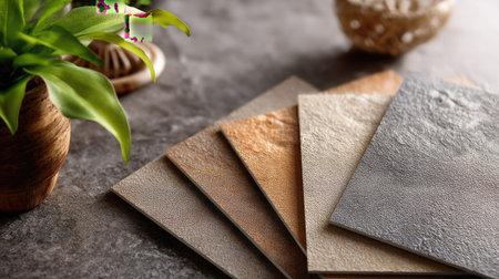 A collection of textured surface samples in warm and neutral tones arranged on a stone surface, complemented by a decorative plant, showcasing elegance and modern design.の素材