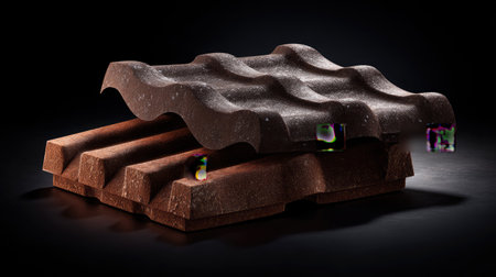 This striking image features dark chocolate bars with a unique wavy texture, set against a dramatic black background, perfect for food enthusiasts and culinary creators.の素材