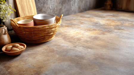 A charming still life featuring a rustic wooden basket and simple pottery set against a textured countertop, embodying warmth and cozy domesticity.の素材