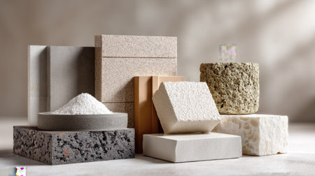 This image showcases a variety of textured construction materials including stone, concrete, sand, and gravel, highlighting their unique surfaces and colors. Perfect for design projects.の素材