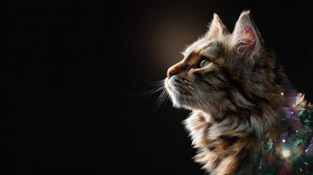 A detailed portrait of a majestic cat gazing thoughtfully into the distance, showcasing its beautiful fur and serene expression in soft light.の素材