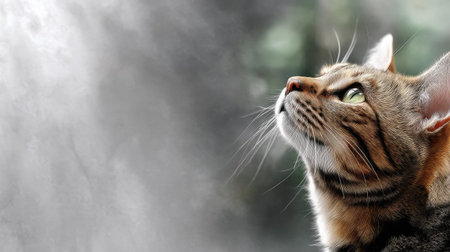 A beautifully captured portrait of a tabby cat with striking green eyes gazing upward. The soft blurred background enhances the feline's features, creating a serene and captivating image. Perfect for animal lovers and cat enthusiasts.の素材