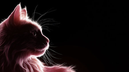 This beautiful image showcases a fluffy cat in silhouette, with its fur seemingly illuminated against a dark background, creating a serene and peaceful atmosphere.の素材