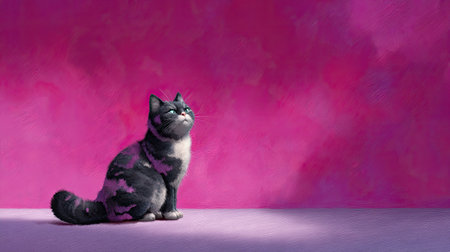 A charming cat sits gracefully against a vivid pink background. The soft lighting highlights the cat's features, creating a dreamy and artistic feel.の素材