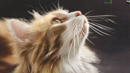 This image captures a close-up of a fluffy cat with captivating eyes and fur, showcasing its serene expression against a dark backdrop.の素材