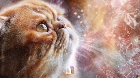 A captivating close-up of a fluffy cat gazing thoughtfully at a colorful and dreamy background filled with soft floral elements and enchanting bokeh effects.の素材