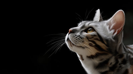 A stunning portrait of a silver cat with beautiful markings, looking upward against a dark backdrop, capturing the essence of curiosity and elegance in feline beauty.の素材