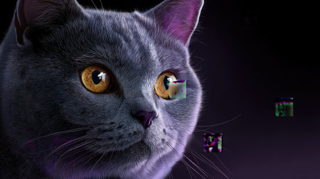 This captivating digital artwork features a gray cat with striking golden eyes set against a dark, mysterious background. The imaginative use of color and light creates a whimsical and surreal atmosphere, making it an ideal piece for animal lovers, art enthusiasts, and creative projects.の素材