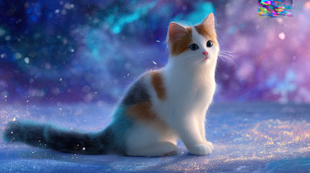 A charming kitten poses gracefully in a dreamy, enchanted forest, surrounded by shimmering lights and a magical atmosphere, capturing pure innocence and joy.の素材