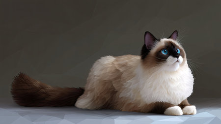 This stunning image features an elegant indoor cat with captivating blue eyes and a soft, fluffy coat, blending beautifully with a smooth dark background.の素材