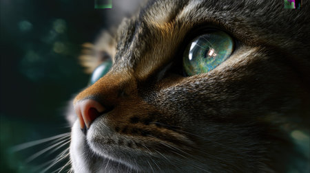 Captivating close-up image of a cat with vibrant green eyes and intricate fur details. This portrait showcases the beauty and elegance of feline features amidst a tranquil natural background.の素材