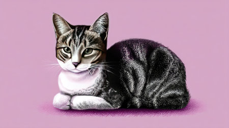 This vivid illustration captures a domestic cat resting gracefully against a soft pink background. The artwork emphasizes the cat's unique fur texture and engaging expression, making it a delightful piece for pet lovers and art enthusiasts alike.の素材