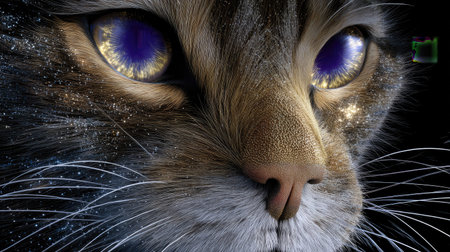 An stunning close-up portrait of a cat with mesmerizing cosmic eyes and intricate fur details, set against a mystical space backdrop filled with stars.の素材