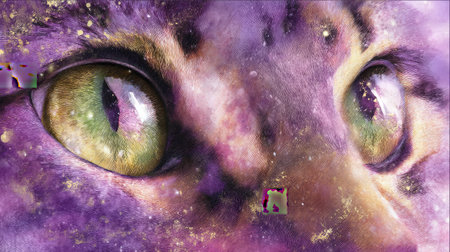 This close-up portrait captures the mesmerizing eyes of a cat, showcasing vibrant colors and intricate patterns that evoke curiosity and charm.の素材