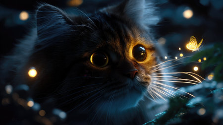 A captivating close-up of a cat gazing in wonder at glowing fireflies in a serene night setting, showcasing enchanting light effects and natural beauty.の素材