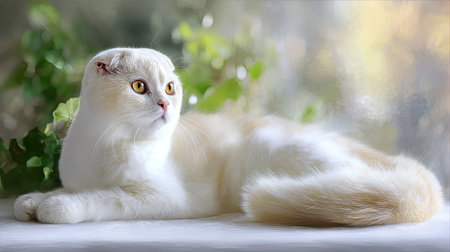 A charming Scottish Fold cat lounges gracefully on a table, surrounded by lush greenery, illuminated by soft natural light for a serene atmosphere.の素材