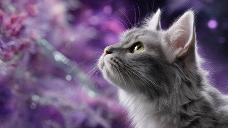 A captivating portrait of a grey cat gazing upward, set against a soft, dreamy purple backdrop with bokeh effects. This image highlights the cat's delicate features and charming expression, evoking a sense of wonder and tranquility.の素材