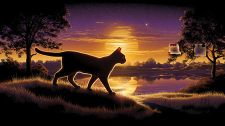 A beautifully colored silhouette of a cat walking along the shore during a serene sunset, capturing the essence of nature's tranquility and beauty.の素材