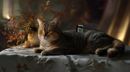 This serene image features a majestic domestic cat reclining on a silky tablecloth, surrounded by a delicate floral arrangement. Soft natural light enhances the cozy atmosphere.の素材