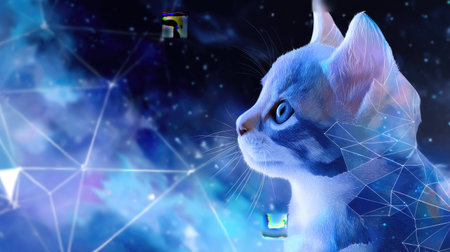 This captivating image features a feline with mesmerizing blue eyes against a vivid cosmic backdrop, adorned with geometric patterns and dreamy colors.の素材