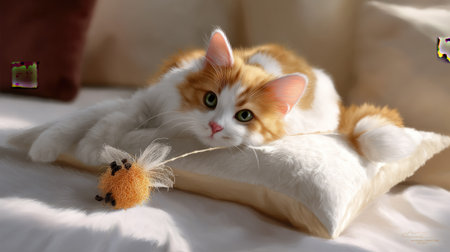 An adorable orange and white cat lies comfortably on a soft pillow, gently playing with a cute toy mouse, emanating warm cozy vibes for feline lovers.の素材
