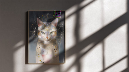 A captivating art print featuring a stylized cat with enchanting features, displayed elegantly on a wall. The interplay of light and shadow creates a tranquil atmosphere.の素材