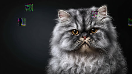 A stunning portrait of a Persian cat showcasing its thick and fluffy fur, with expressive eyes and a serene demeanor against a dark background.の素材