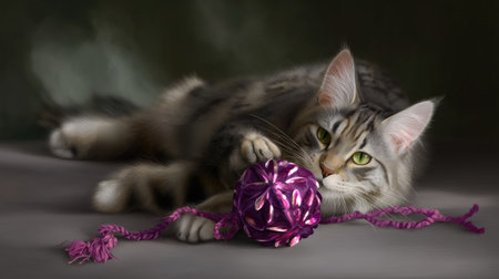 A stunning portrait of a playful tabby cat interacting with a vibrant yarn ball. The soft surface and dramatic lighting enhance the cat's features, creating an adorable scene that showcases the joy of pet companionship.の素材