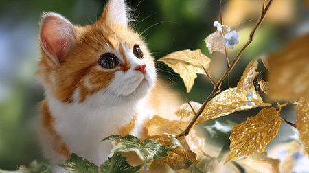 This enchanting image captures an adorable orange and white kitten gazing curiously at golden leaves, highlighted by soft natural light.の素材