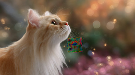 A stunning portrait of a majestic orange cat looking upward, softly illuminated by a dreamy bokeh background with colorful sparkles, exuding charm.の素材