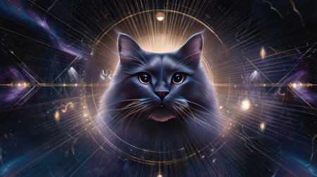An enchanting digital artwork featuring a majestic cat's face against a cosmic backdrop of stars and galaxies, evoking themes of mystery and wonder.の素材