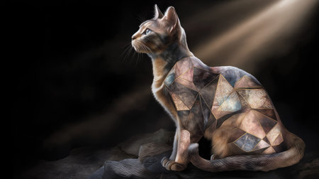 This captivating artwork features a cat presented in an abstract style with geometric shapes, highlighted by soft light and dark tones.の素材