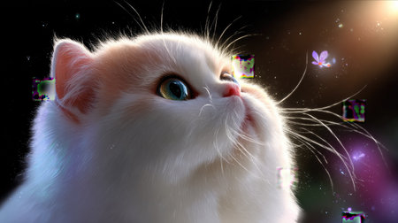 A charming white Persian cat gazes in wonder at a colorful butterfly against a starry background, evoking a sense of whimsy and serenity.の素材