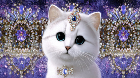 A charming white cat with striking blue eyes adorned with jewels on its forehead stands out against a vibrant and textured background.の素材