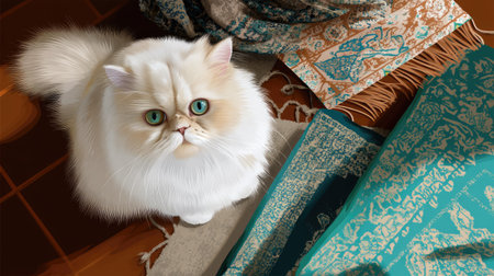 A charming and fluffy white cat with striking green eyes is sitting amidst colorful patterned rugs and blankets, creating a cozy indoor atmosphere.の素材