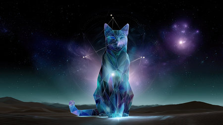 A stunning cosmic cat silhouette created with geometric patterns, set against a captivating starry background that exudes mystical energy.の素材