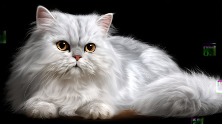 This captivating image features a fluffy white Persian cat lounging calmly on a dark surface, showcasing its striking large eyes and soft fur.の素材