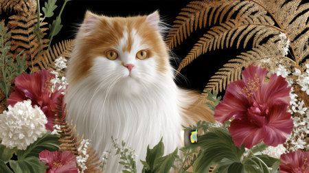 A stunning Persian cat sits regally amidst a backdrop of vibrant flowers and lush foliage, capturing the essence of tranquility and beauty in nature.の素材