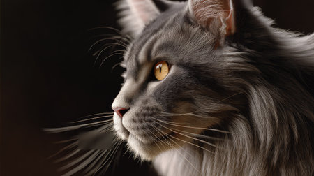 A stunning portrait of a majestic gray cat with captivating yellow eyes, beautifully highlighted against a dark background. The soft fur and calm demeanor create a serene atmosphere.の素材
