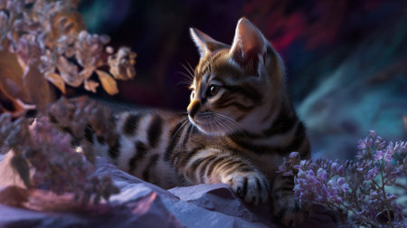 A captivating Bengal kitten poses among colorful flowers, showcasing its playful nature and curious personality in a whimsical, serene atmosphere.の素材