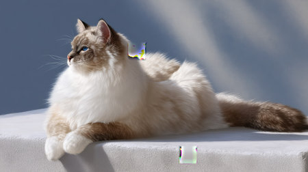 This stunning image showcases an elegant Ragdoll cat with striking blue eyes lounging gracefully on a soft surface. The natural light accentuates the cat's fluffy fur and serene expression, making it a perfect choice for pet lovers and photographers alike.の素材