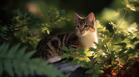 A captivating image of a cat resting gracefully amidst vibrant greenery in a forest. The soft sunlight filters through the leaves, creating a serene atmosphere.の素材