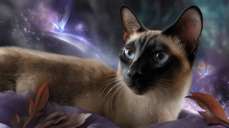 This enchanting image features a Siamese cat with striking blue eyes set against a magical, colorful background, evoking a dreamy atmosphere filled with wonder.の素材