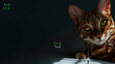 A captivating close-up of a bengal cat with striking eyes, showcasing its unique fur pattern and curious expression in soft natural light.の素材