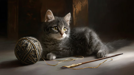 An adorable gray kitten lies peacefully beside a ball of yarn, captivating with its soft fur and playful curiosity, creating a cozy and inviting atmosphere.の素材