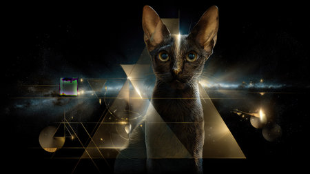 This mesmerizing digital artwork features a cat set against a cosmic background, blending mystery and color through geometric shapes and vibrant light.の素材