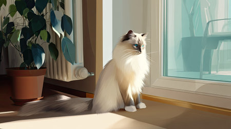 A beautiful cat sits gracefully by a sunlit window, casting gentle shadows across the cozy interior, accompanied by a potted plant, radiating tranquility.の素材
